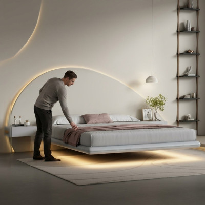 Graues Wandbett Moderne Schlafzimmer Möbel Holzgestell LED-Betten Neu