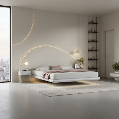 Graues Wandbett Moderne Schlafzimmer Möbel Holzgestell LED-Betten Neu
