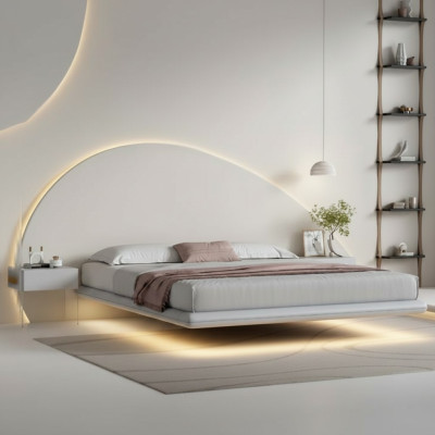 Graues Wandbett Moderne Schlafzimmer Möbel Holzgestell LED-Betten Neu