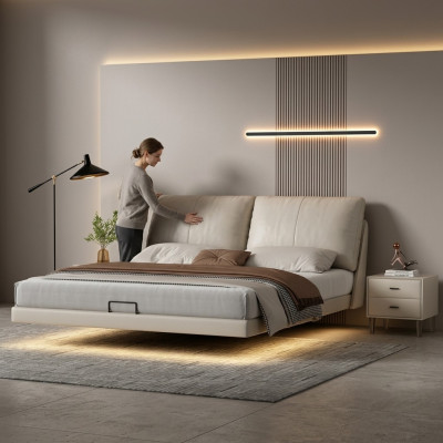 Weißes Schlafzimmer Wandbett Designer Leder Doppelbetten Holzgestell