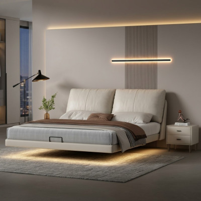 Weißes Schlafzimmer Wandbett Designer Leder Doppelbetten Holzgestell