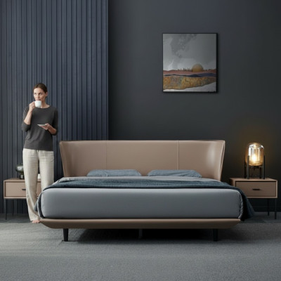 Beiges Kunstleder Schlafzimmer Doppelbett Designer Holzgestell Betten