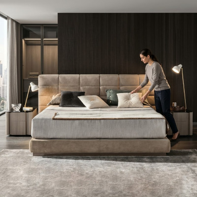 Beiges Doppelbett Schlafzimmer Möbel Moderne Betten Luxus Holzgestell