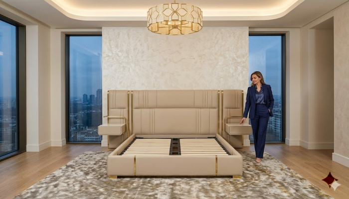 Beiges Schlafzimmer Doppelbett mit großem Kopfteil Designer Holz Betten