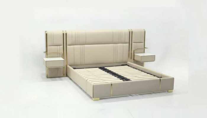 Beiges Schlafzimmer Doppelbett mit großem Kopfteil Designer Holz Betten