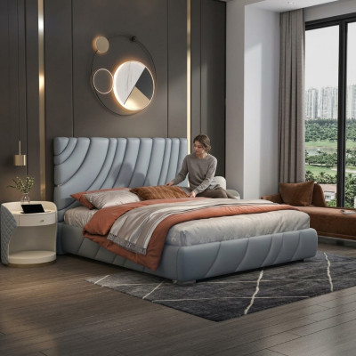 Graues Kunstleder Doppelbett Modernes Edelstahlbett Luxus Holzgestell