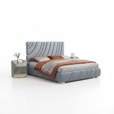 Graues Kunstleder Doppelbett Modernes Edelstahlbett Luxus Holzgestell