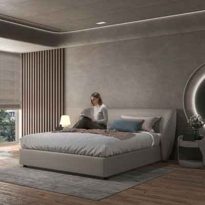 Graues Designer Schlafzimmer Doppelbett Textilbetten Holz Lederbetten