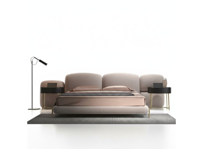 Großes Beiges Schlafzimmer Doppelbett Designer Breites Textil Kopfteil