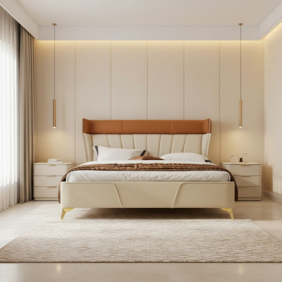 Schlafzimmer Beiges Doppelbett Lederbetten Holzgestell Textil Möbel