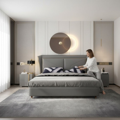 Graues Schlafzimmer Doppelbett Designer Betten Holzgestell Lederbetten