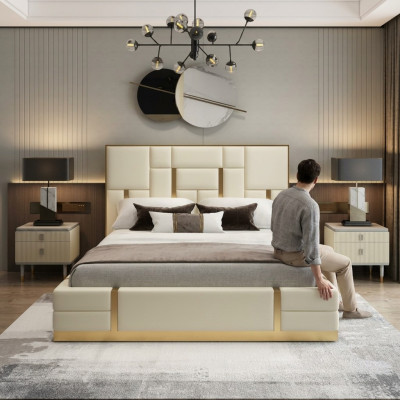 Weißes Doppelbett Schlafzimmer Luxus Holzgestell Designer Edelstahlbett