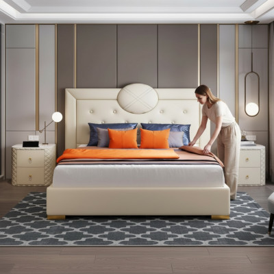 Großes Weißes Schlafzimmer Doppelbett Designer Holzgestell Modernes Bett