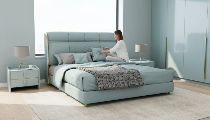 Schlafzimmer Blaues Doppelbett Designer Betten Holzgestell Luxus Möbel