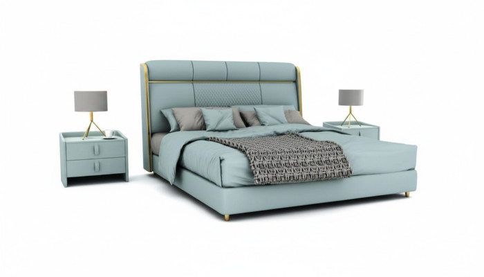 Schlafzimmer Blaues Doppelbett Designer Betten Holzgestell Luxus Möbel