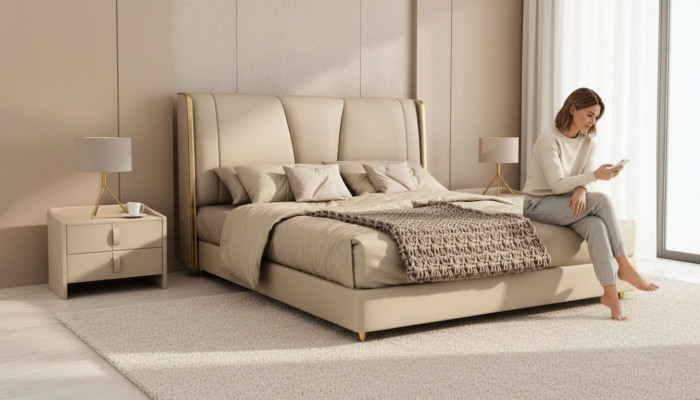 Schlafzimmer Designer Beiges Bett Doppelbetten LED-Betten Lederbetten