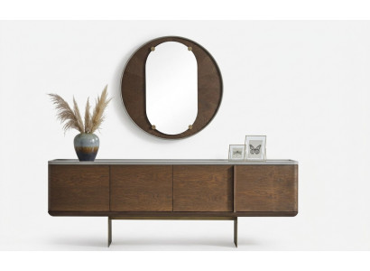 Braunes Sideboard Moderne Holzmöbel Luxus Rundspiegel Wohnzimmer 2tlg