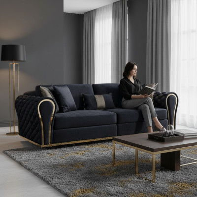 Stilvoller Schwarzer 3-Sitzer Luxus Wohnzimmer Sitzmöbel Polstersofa