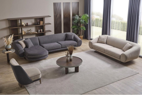 Modernes Wohnzimmer Set Graues Ecksofa L-Form 3-Sitzer Polster Sessel