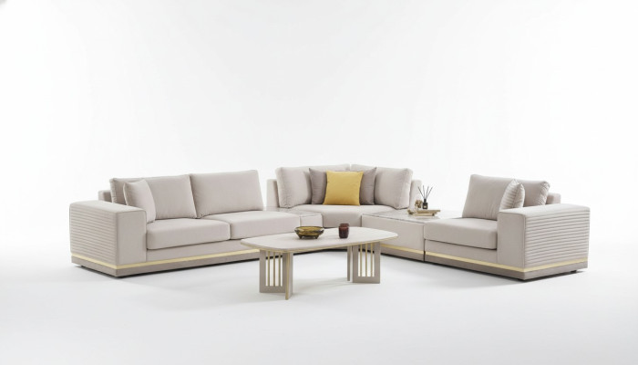 Wohnzimmer Hellbeiges Ecksofa L-Form Couch Modernes Textil Sofa Möbel