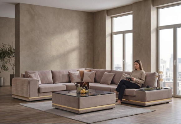 Beiges Wohnzimmer Set Stilvolle L-Form Wohnlandschaft Designer Hocker