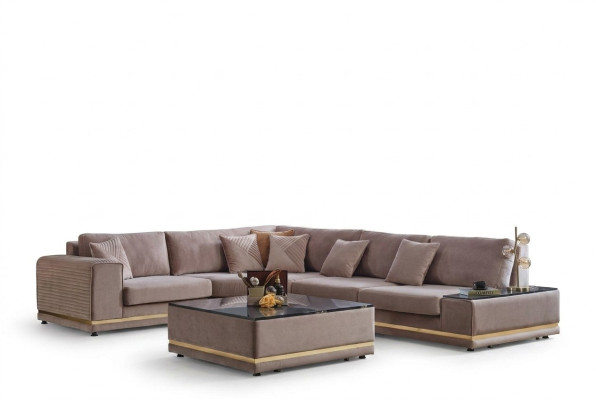 Beiges Wohnzimmer Set Stilvolle L-Form Wohnlandschaft Designer Hocker