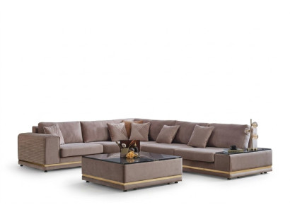 Beiges Wohnzimmer Set Stilvolle L-Form Wohnlandschaft Designer Hocker
