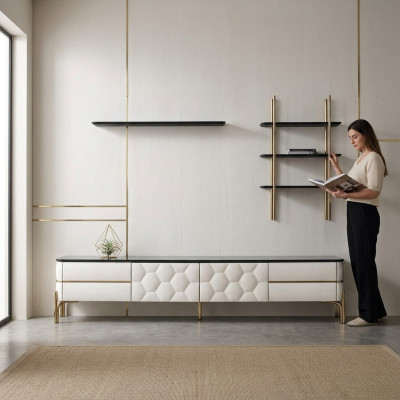 Weißer TV-Schrank Designer 2x Regale Wohnzimmer Stilvoller Set 3tlg Neu