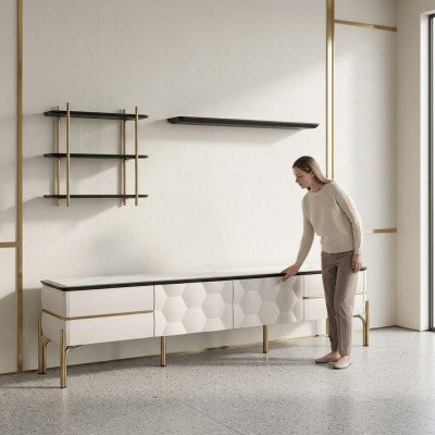Moderne Weiße Wohnwand Praktischer TV-Schrank Luxuriöse Regale 3tlg Set