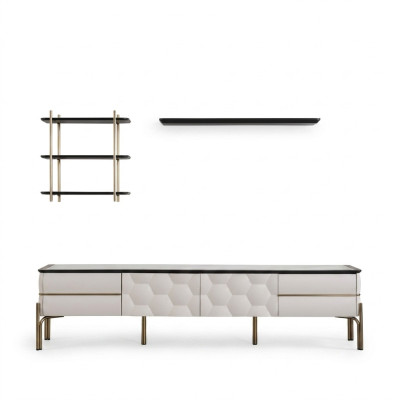 Moderne Weiße Wohnwand Praktischer TV-Schrank Luxuriöse Regale 3tlg Set