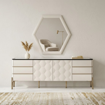Moderne Esszimmer Garnitur Designer Weißes Sideboard Großer Spiegel 2tlg