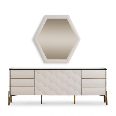 Moderne Esszimmer Garnitur Designer Weißes Sideboard Großer Spiegel 2tlg