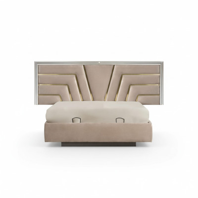 Beiges Schlafzimmer Doppelbett Stabiles Holzgestell Designer Polster Bett