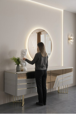 Moderner Silber Sideboard Rundspiegel LED Beleuchtung Designer 2tlg Set 