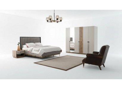 Schlafzimmer Moderne Garnitur Textil Doppelbett Holz Kleiderschrank 4tlg
