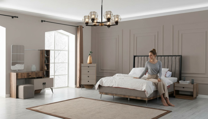 Graue Schlafzimmer Garnitur Doppelbett 2x Nachttische Holz Schminktisch