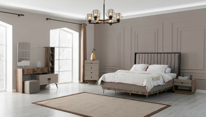 Graue Schlafzimmer Garnitur Doppelbett 2x Nachttische Holz Schminktisch
