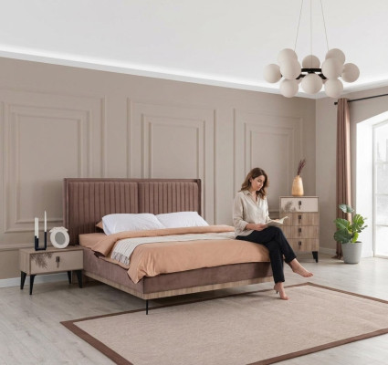 Braunes Schlafzimmer Set Polster Doppelbett 2x Nachttische Holz Kommode