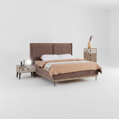 Braunes Schlafzimmer Set Polster Doppelbett 2x Nachttische Holz Kommode