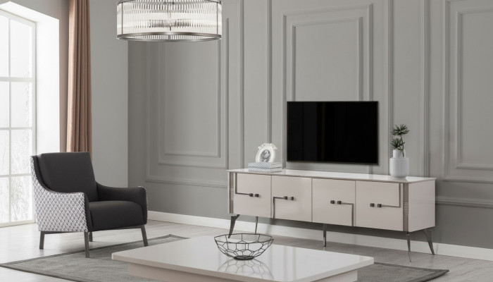 Beiger TV-Schrank Designer Couchtisch Luxus Wohnzimmer Möbel Holz 2tlg