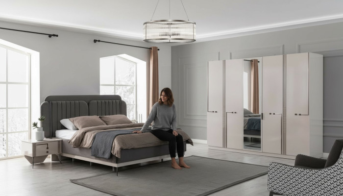 Moderner Schlafzimmer Set Doppelbett Nachttisch Kleiderschrank Luxus