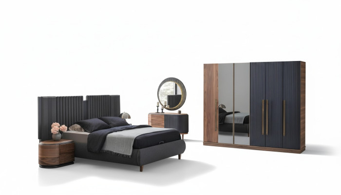Schwarz-Beige Schlafzimmer Garnitur Designer Doppelbett 2x Nachttische