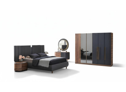 Schwarz-Beige Schlafzimmer Garnitur Designer Doppelbett 2x Nachttische