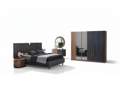 Schwarz-Beige Schlafzimmer Garnitur Designer Doppelbett 2x Nachttische