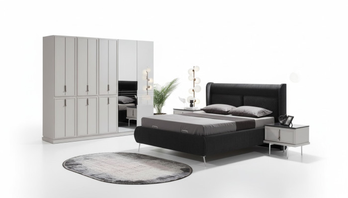 Moderne Schwarz-Weiße Schlafzimmer Möbel Polsterbett Nachttische 4tlg