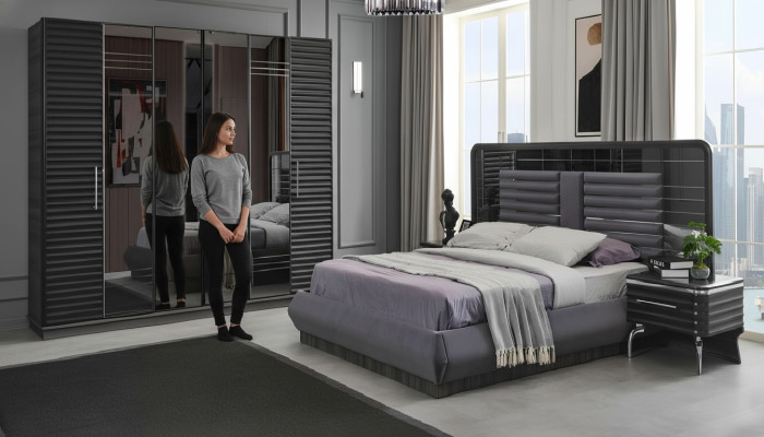 Polsterbett Holz Nachttische Kleiderschrank Designer Schlafzimmer Set