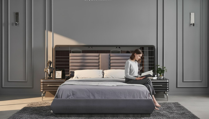 Graue Schlafzimmergarnitur Doppelbett 2x Nachttische Mit Schubladen