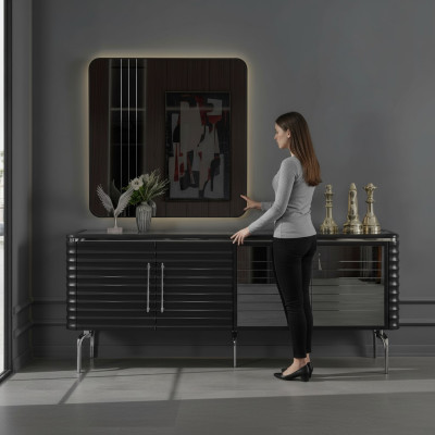 Stilvolle Esszimmer Garnitur Luxus Schwarzes Sideboard Spiegel Holzmöbel
