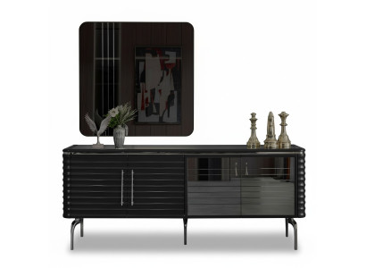 Stilvolle Esszimmer Garnitur Luxus Schwarzes Sideboard Spiegel Holzmöbel
