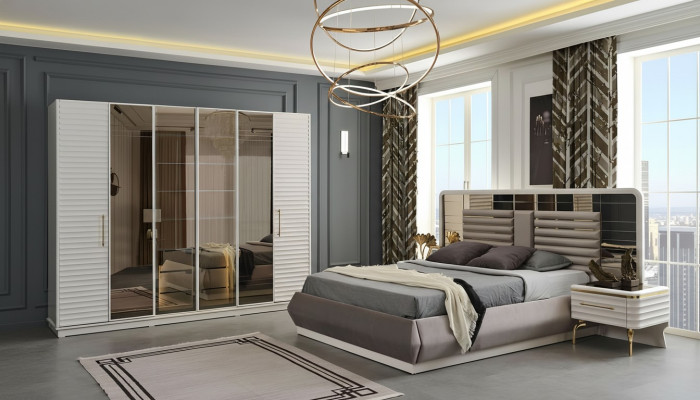 Modernes Doppelbett 2x Nachttische Kleiderschrank Schlafzimmer Set 4tlg